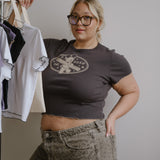The Churro Bear Ruffle Trim Baby Tee in Vintage Black