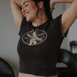 The Churro Bear Ruffle Trim Baby Tee in Vintage Black