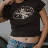 The Churro Bear Ruffle Trim Baby Tee in Vintage Black