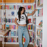 Shop Bibliophile x Subtle Dust: The Buy Me Books Ruffle Trim Baby Tee in White
