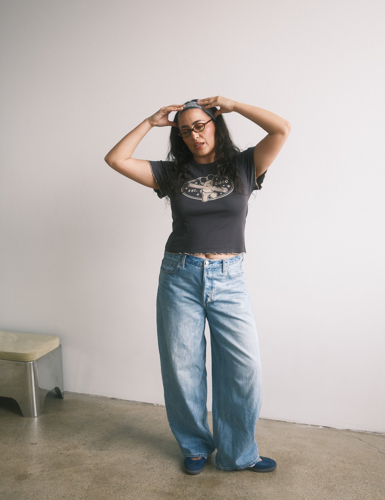 The Churro Bear Ruffle Trim Baby Tee in Vintage Black